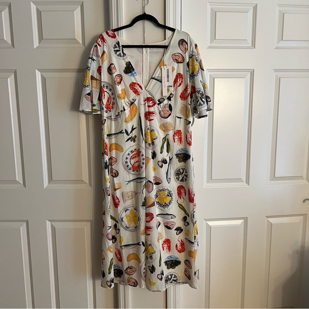 Lisa Says Gah White Dress with Red, Yellow, Blue and Green Print